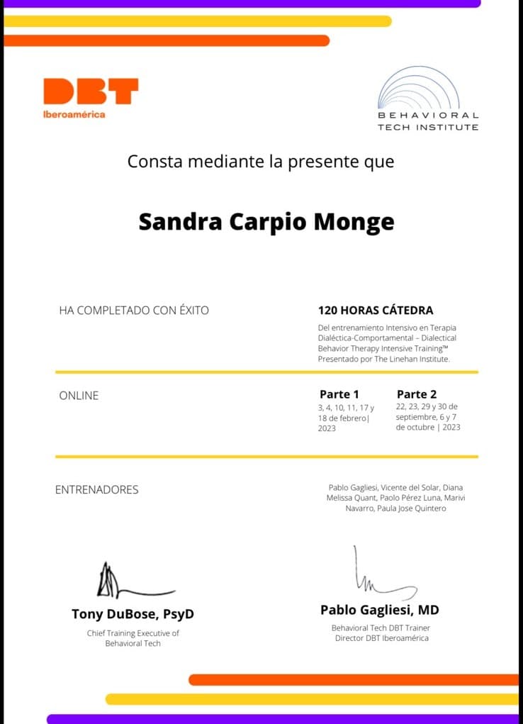 Certificado de Terapia Dialéctica Comportamental (DBT) — The Linehan Institute, a nombre de Sandra Carpio Monge