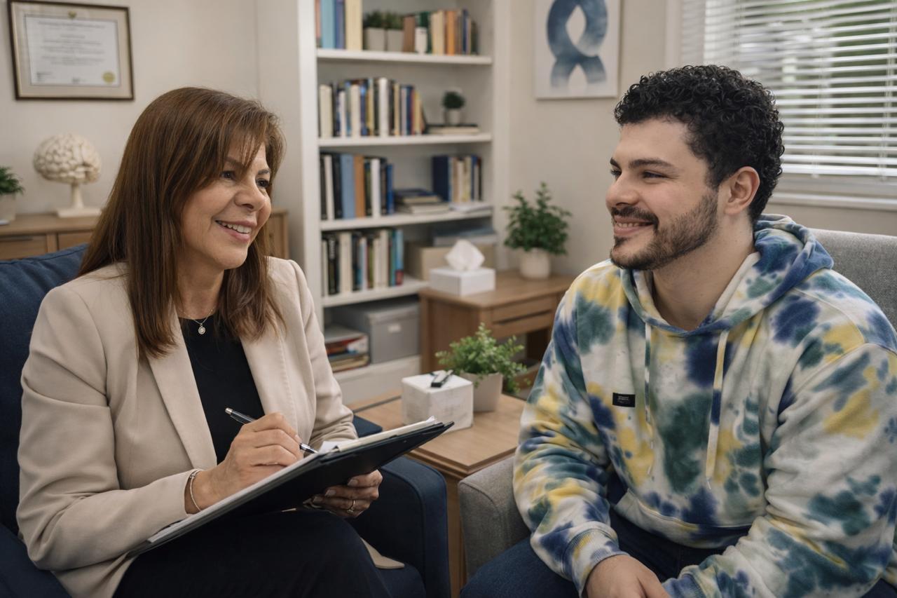 Sandra Carpio en sesión con un paciente en su consultorio